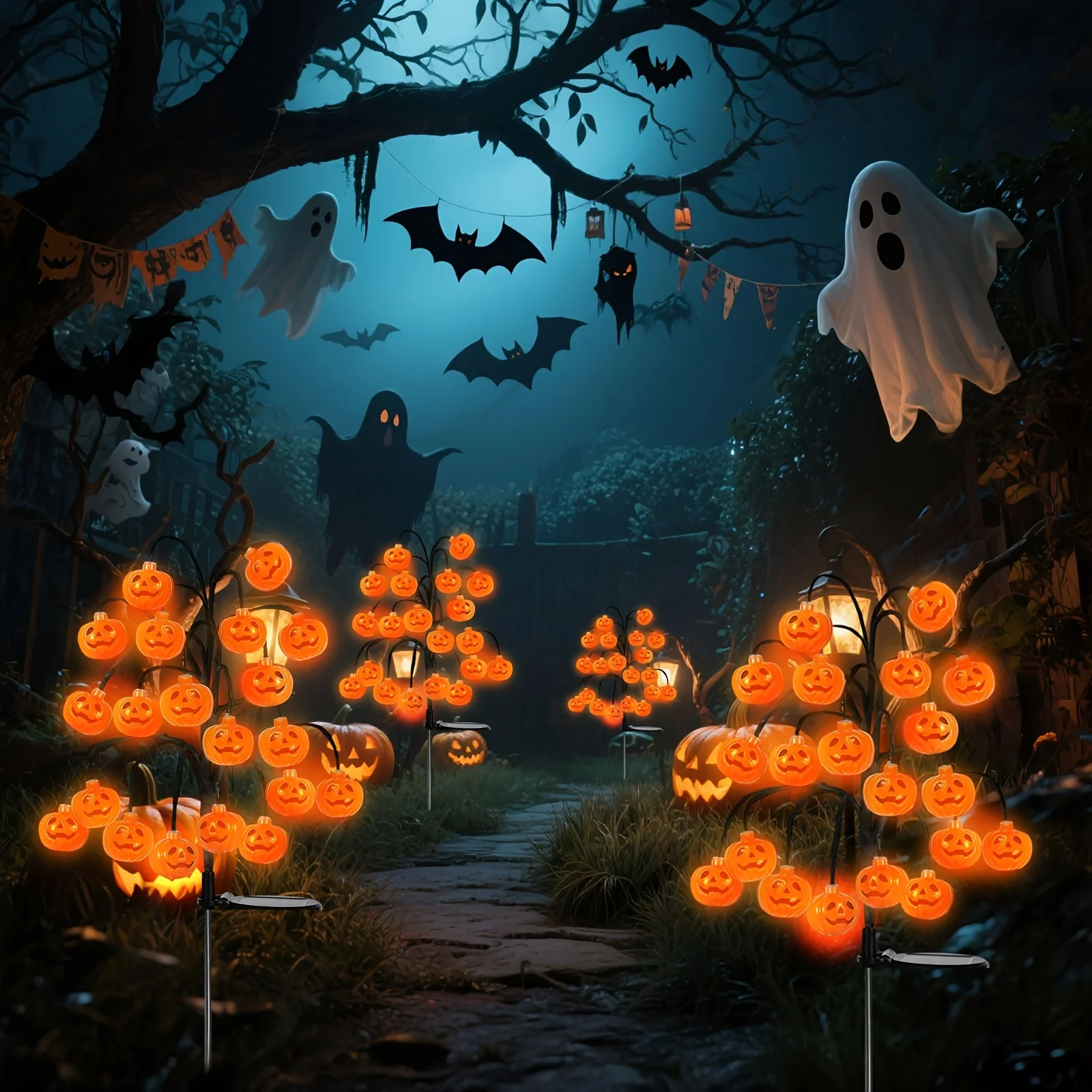 Halloween Solar Pumpkin Branch Lights, Glowing Jack O Lantern Stake Lamp, Spooky Landscape Ornament For Lawn Pathway Decoration