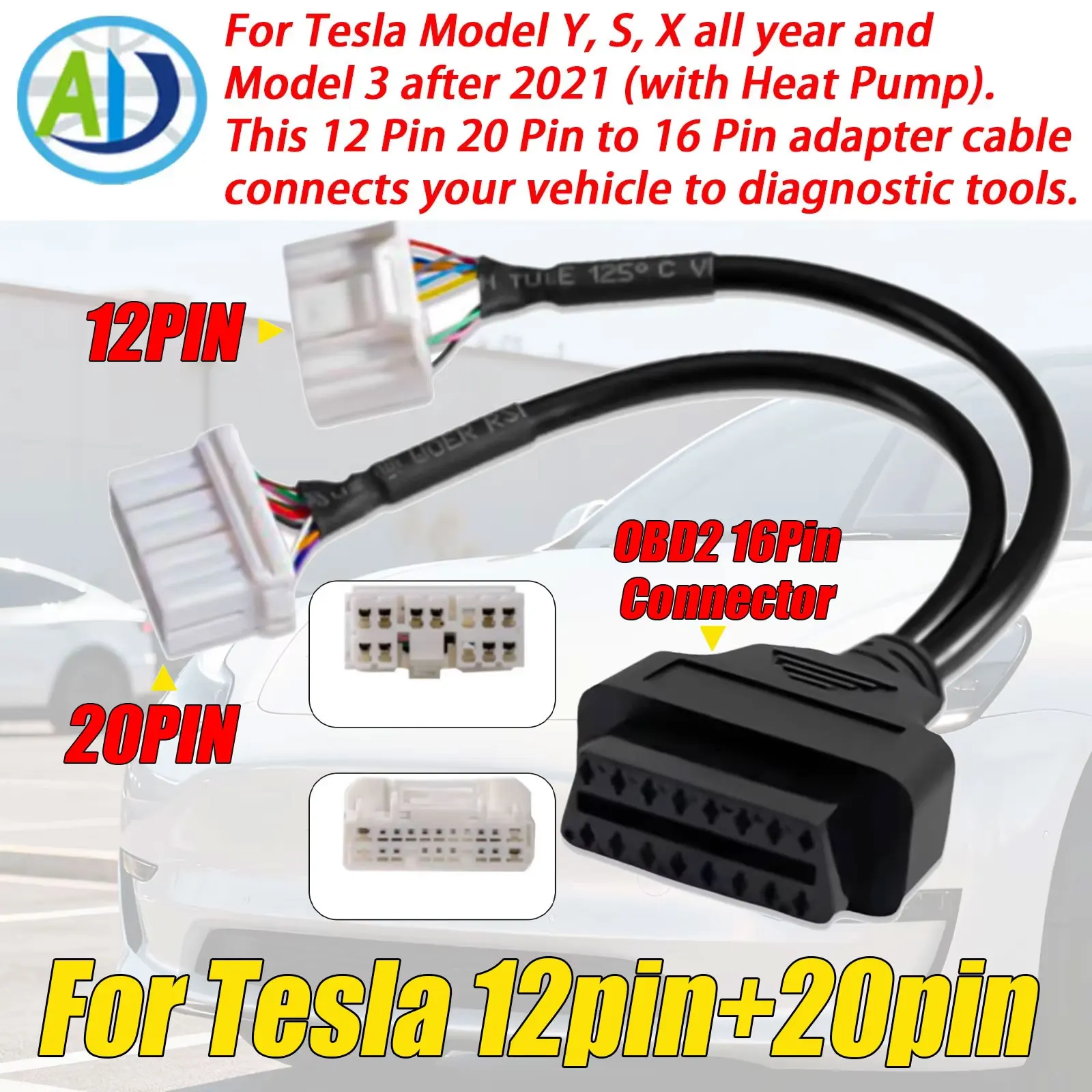 

For Tesla Model X/S/3/Y 12Pin 20Pin OBD2 Adapter Cable OBD2 Automobile Diagnostic Harness Connector for Launch/Autel Scanner