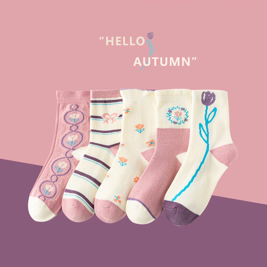 5 paia/lotto autunno inverno nuovi calzini per bambini coreano ins Style Purple Flower calzini per bambini All-match Casual ragazzi e ragazze calzini