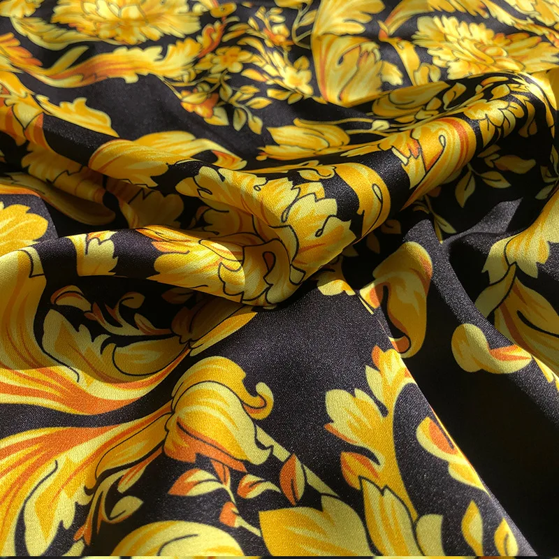 New product European and American style printed fabric Baroque golden flower digital printing handmade DIY stretch satin fabric