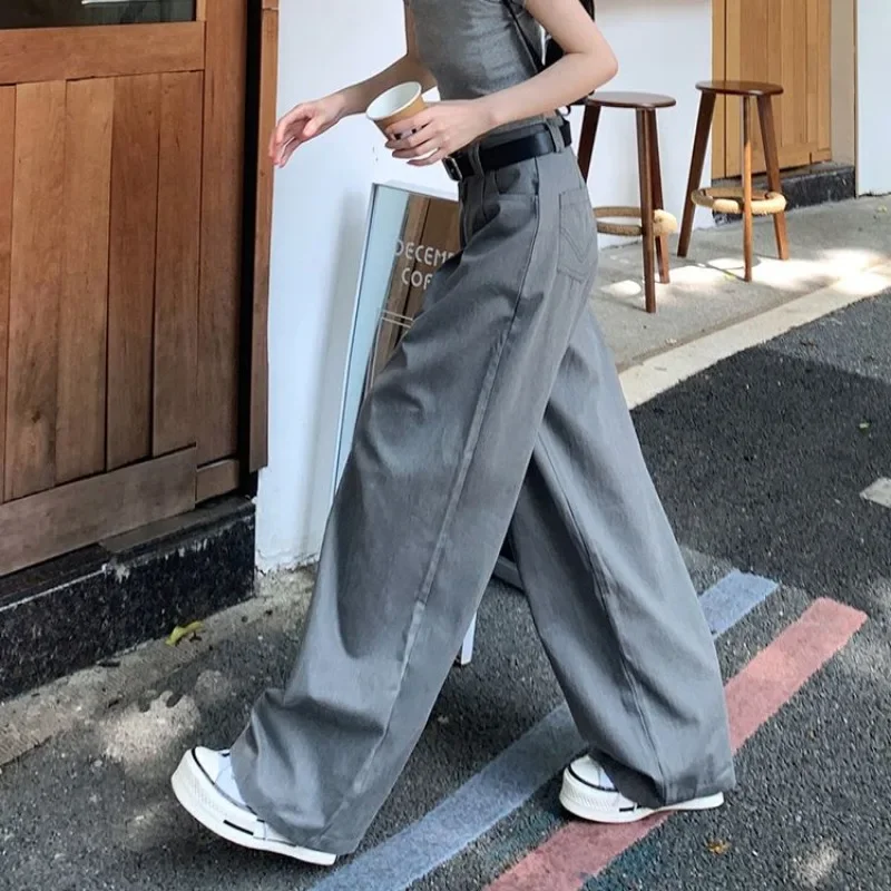 Deeptown graue Vintage Anzug hose für Frauen übergroße elegante koreanische Mode schlaffe klassische Hose Büro Damen Palazzo lose