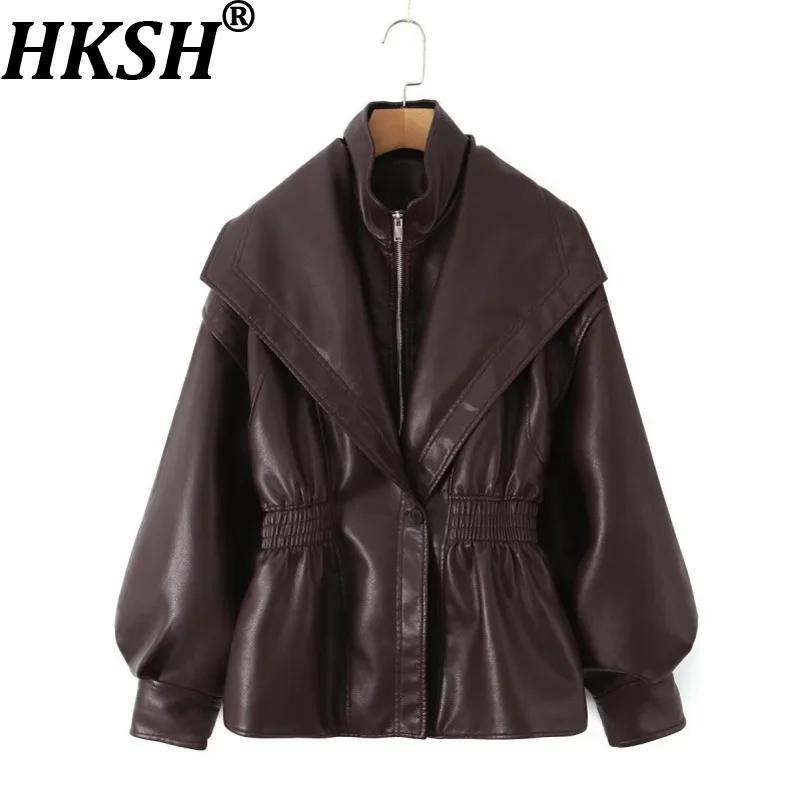 

HKSH 2026 Spring Autumn New Women PU Leather Jacket Zipper Waist Cinching Lantern Sleeves Streetwear Punk Chic Tide Coat HK18426