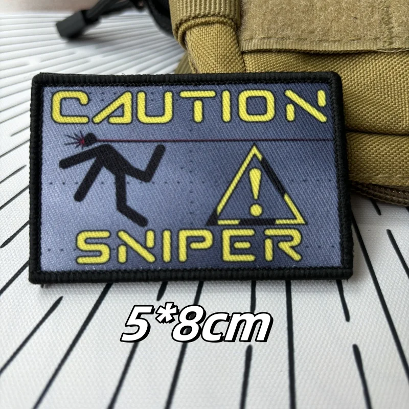 Caution Sniper Morale Tactical Patches Funny Printed Hook&Loop Warning Patch Military Badge Armband Backpack Stickers