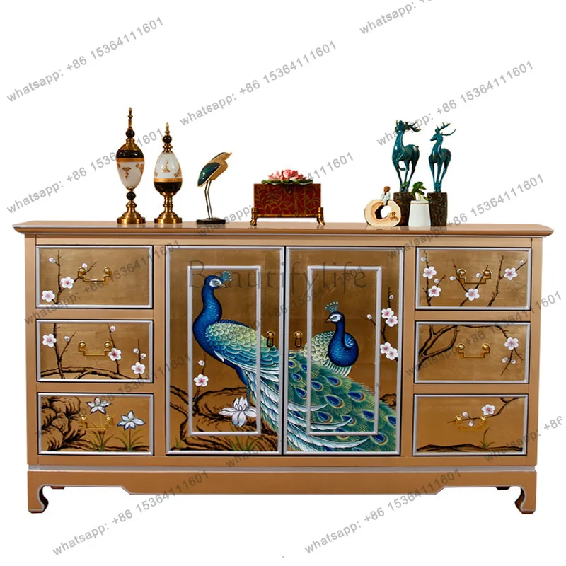 American-style entrance hall cabinet New Chinese-style painted peacock art decorative partition cabinet