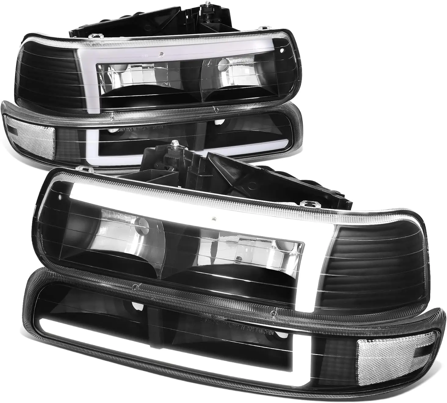 

3D LED DRL Headlights Assembly with Bumper Lamps Compatible with 99-06 Chevy Silverado Suburban 1500 2500 HD 3500 Tahoe, Pack of