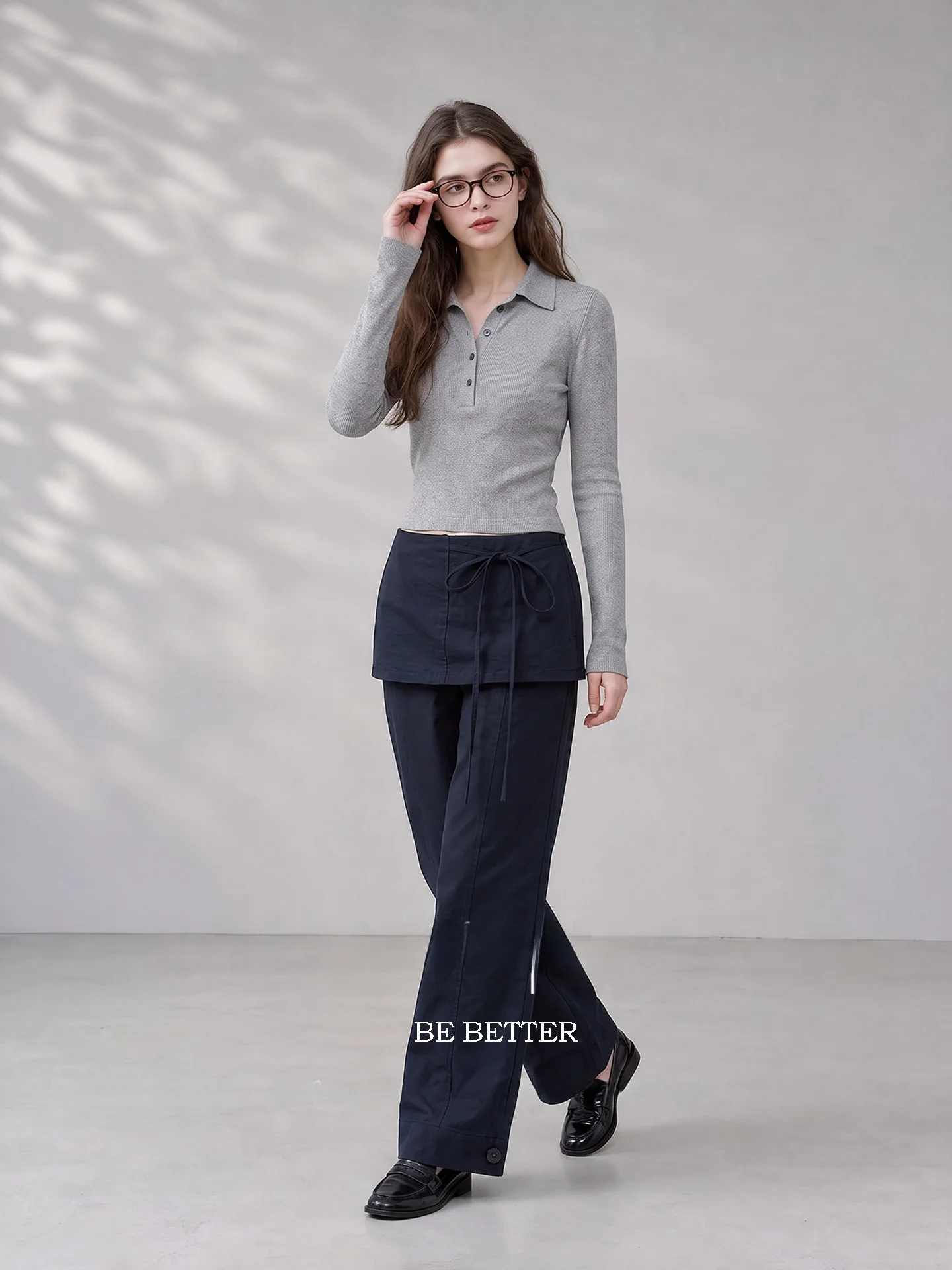 High Waist Straight Leg Casual Pants Women's Workwear Button Detail Patchwork Lightweight Autumnal Comfortable Nylon