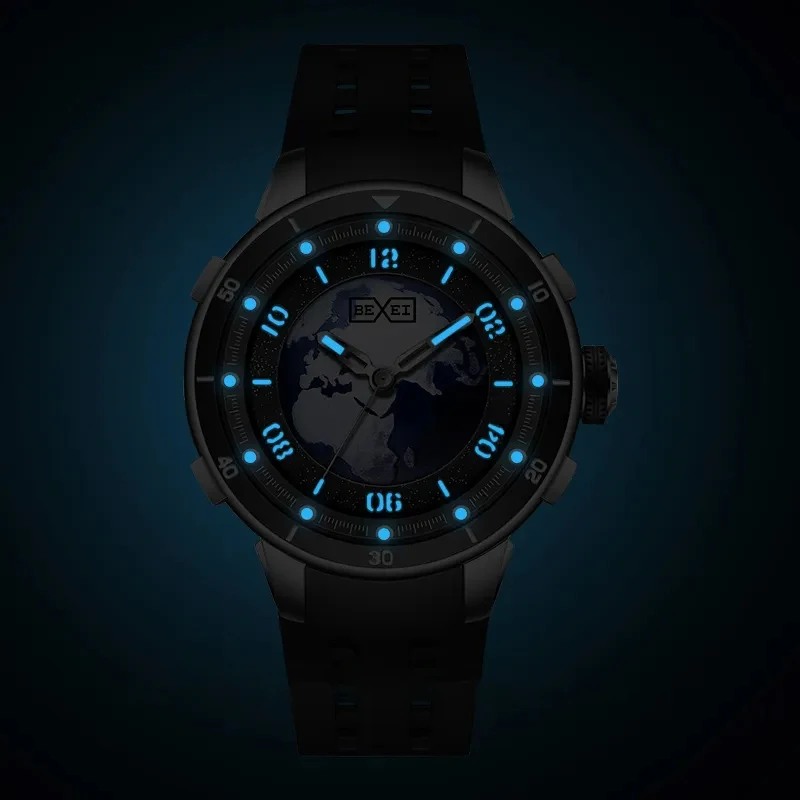 Bexei 9197 ساعة أوتوماتيكية للرجال مقاومة للماء ساعات ميكانيكية مضيئة ذاتية الرياح للرجال سلسلة كوكب أزرق ساعة يد من الياقوت #3