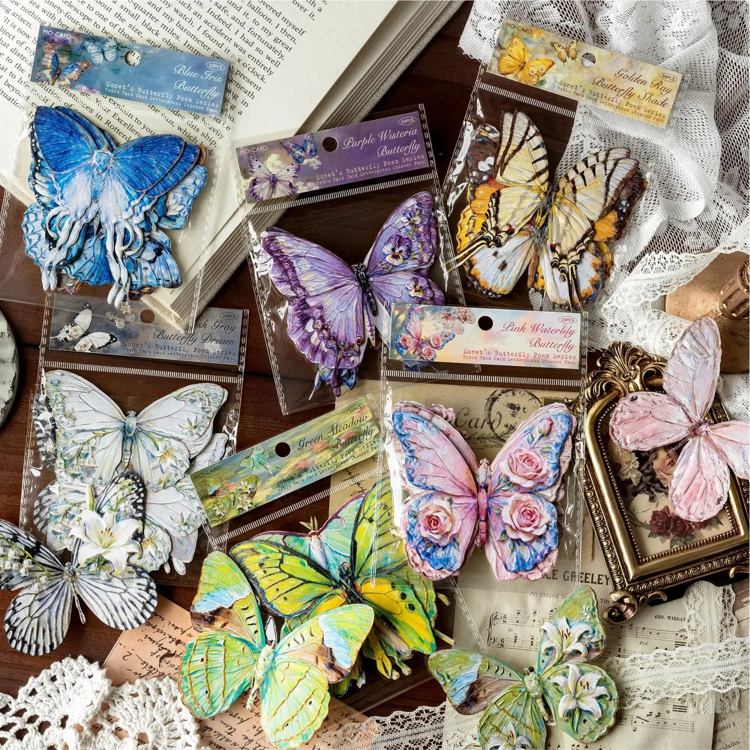 Autocollants de papeterie kawaii, poèmes sur les papillons de Monet, journal décoratif, scrapbooking, bricolage, artisanat, 10 pièces/1 lot
