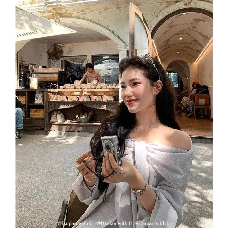 Vintage Elegant Women One Shoulder Bow Shirt Long Sleeve Slim Fit Sun Protection Blouse Casual Summer Top
