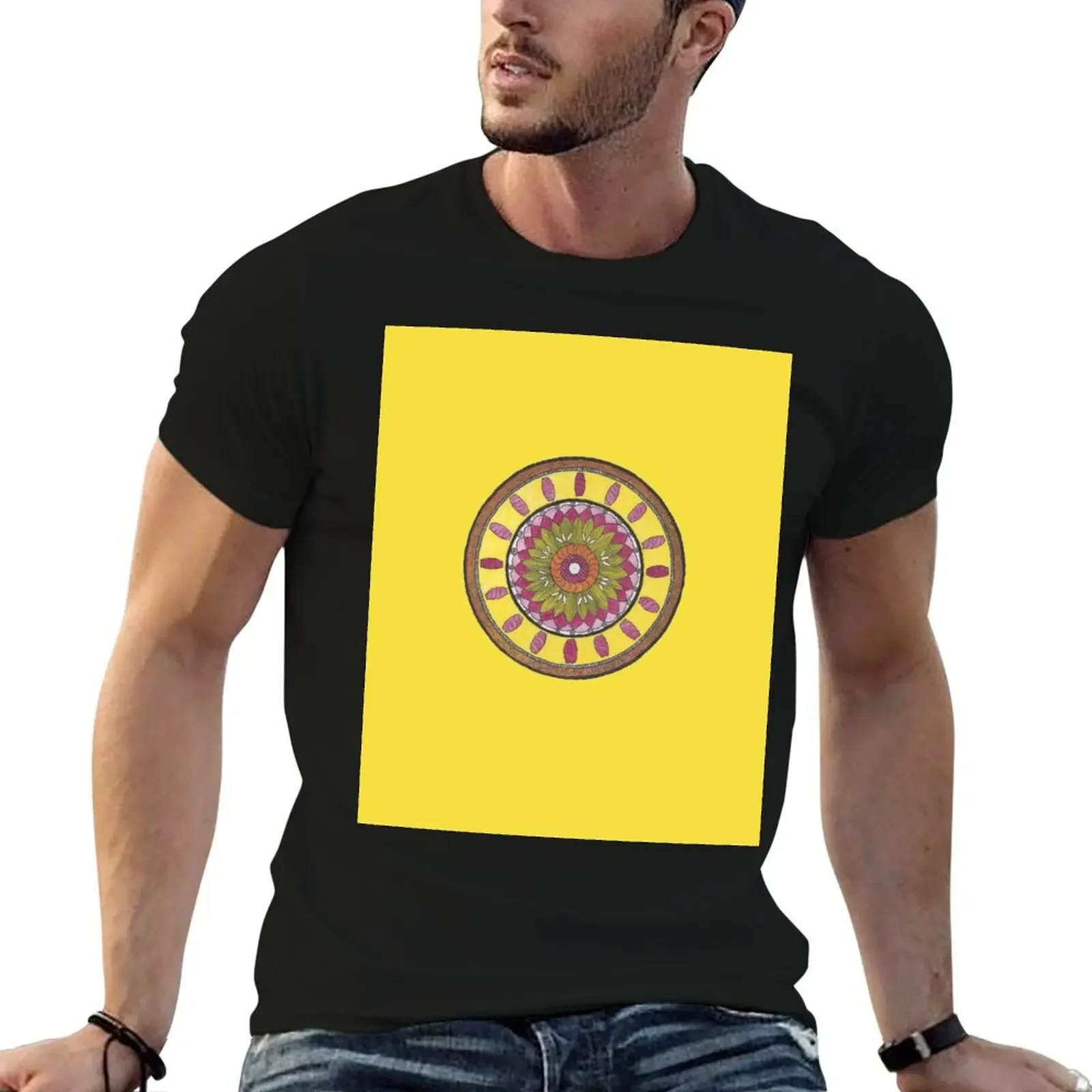 Yellow Flower Purple Vase Mandala T-Shirt funny shirt cotton fashion shirts graphic t shirt vintage men workout shirt