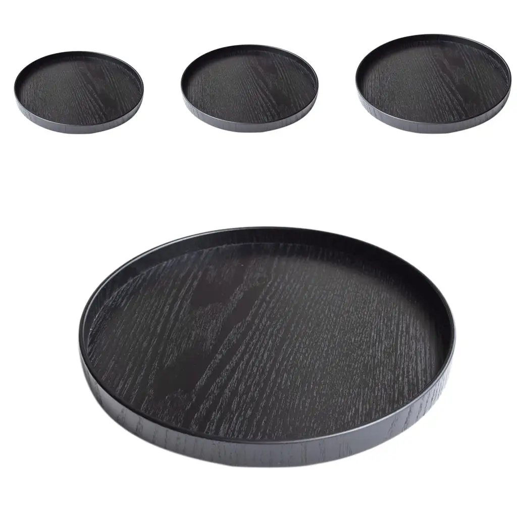 Round Wooden Plate Food Snack Serving Trays Salad Bowl Platter Black 21/24//2730cm