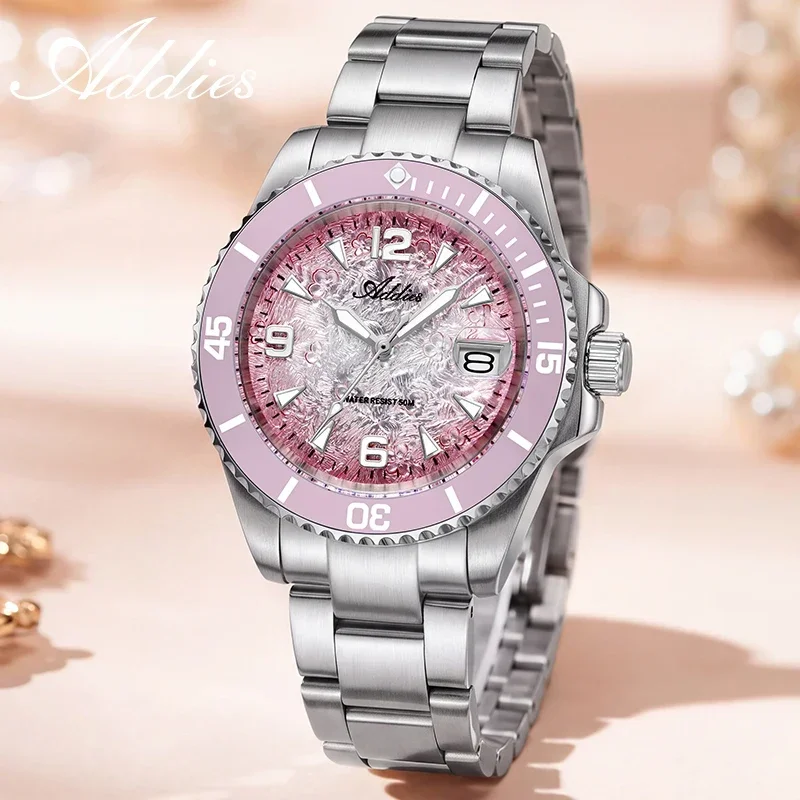 Montre pour femme ADDIES, montre de luxe à quartz, 36 mm, bracelet en acier inoxydable, lunette en céramique, montre de mode pour femme, étanche jusqu'à 50 m, affichage de la date.
