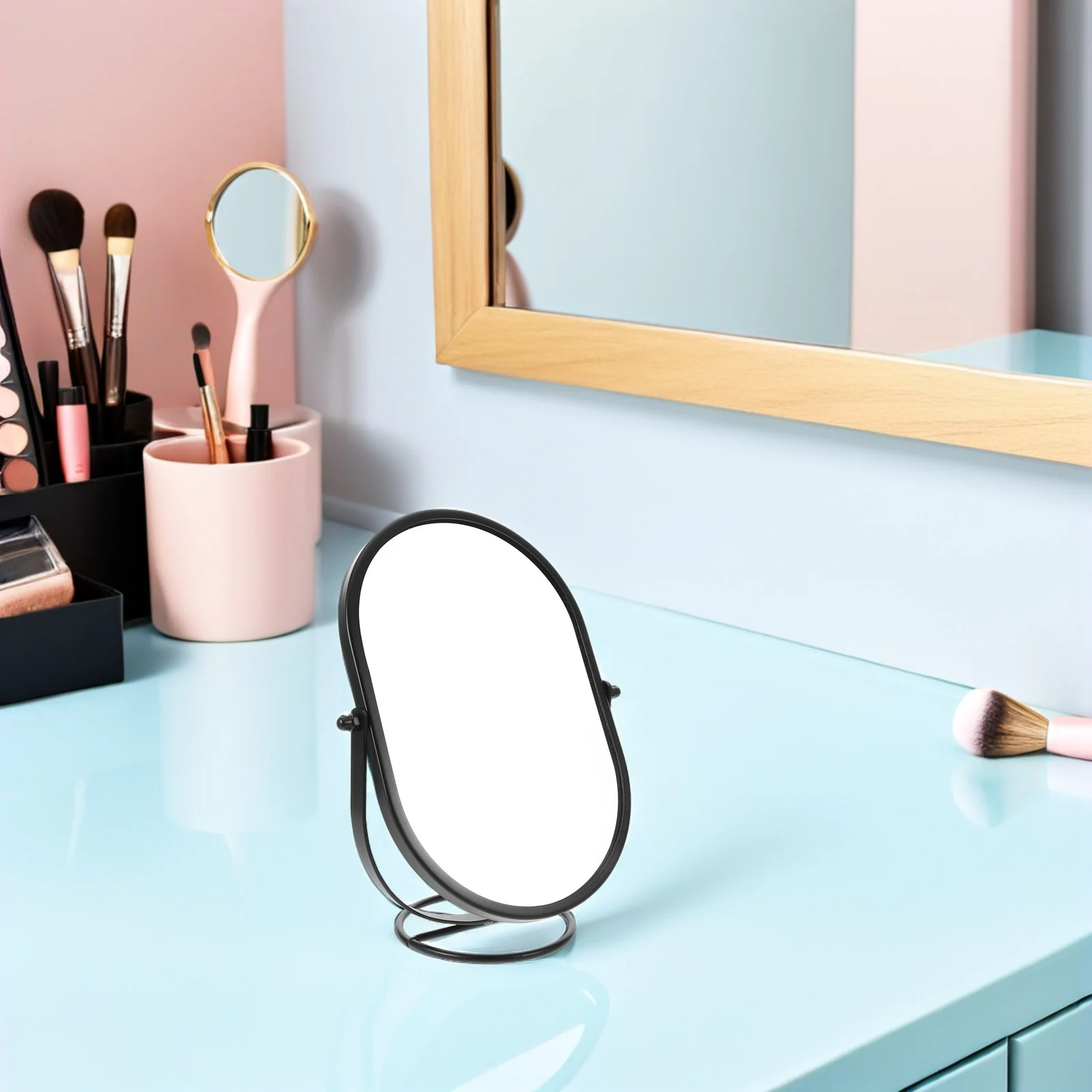 مرآة دوارة للمكتب باللون الأسود، مرآة مكياج بيضاوية حديثة قابلة للدوران، مستلزمات مكياج لسطح المكتب لغرفة النوم وغرفة المعيشة والحمام