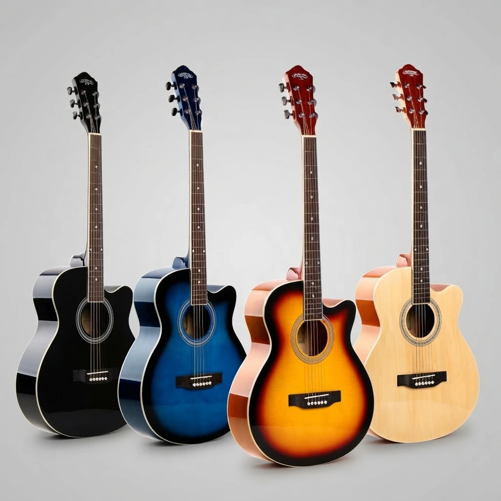Four Gloss Color Cutaway Acoustic Guitar GA Shape 6 Strings, Black Blue Sunburst Natural for Beginners, Great for Practice