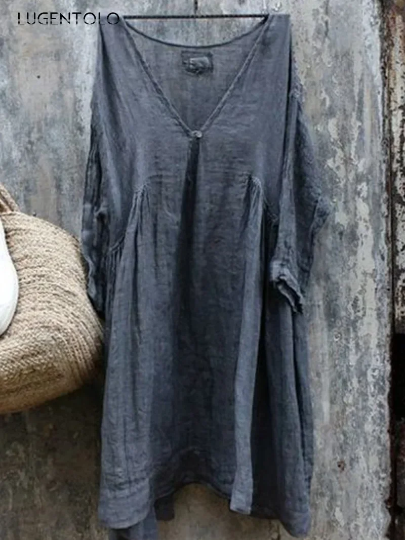 

Women Vintage Shirt V-neck Soid Loose Linen Casual Comfortable Top Female Summer Simple Thin Pullover Long Blouses