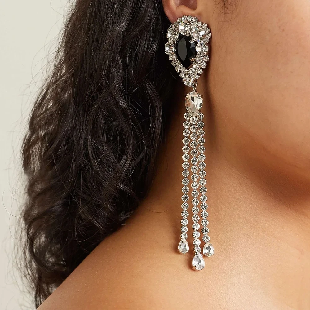 Tassel Rhinestone Dangle Earrings Piercing for Women Wedding Jewelry 2024 Trendy LuxuryBridal Statement Accessories Party Gift