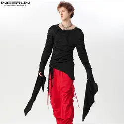 INCERUN Tops 2024 American Style New Men Pleated Long Ribbon Design T-shirts Fashion Solid All-match Long Sleeved Camiseta S-5XL