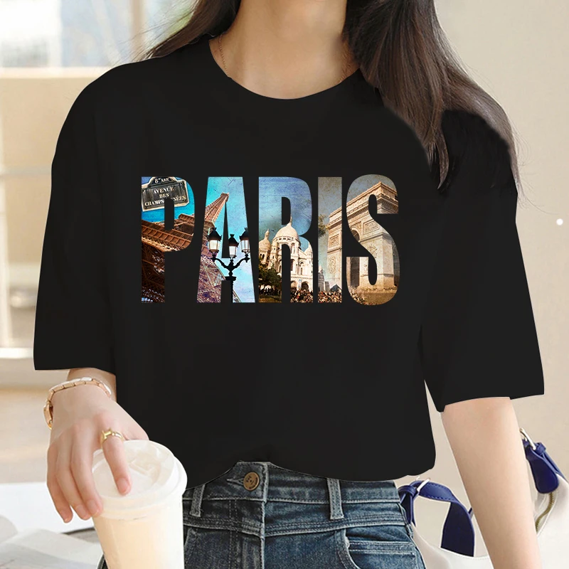 New Women\'s Fashion Crew-Neck Paris Extra-Terrestrial Print Summer Trend Women\'s Y2K Top Trend  Short Sleeve Cotton T-Shirt