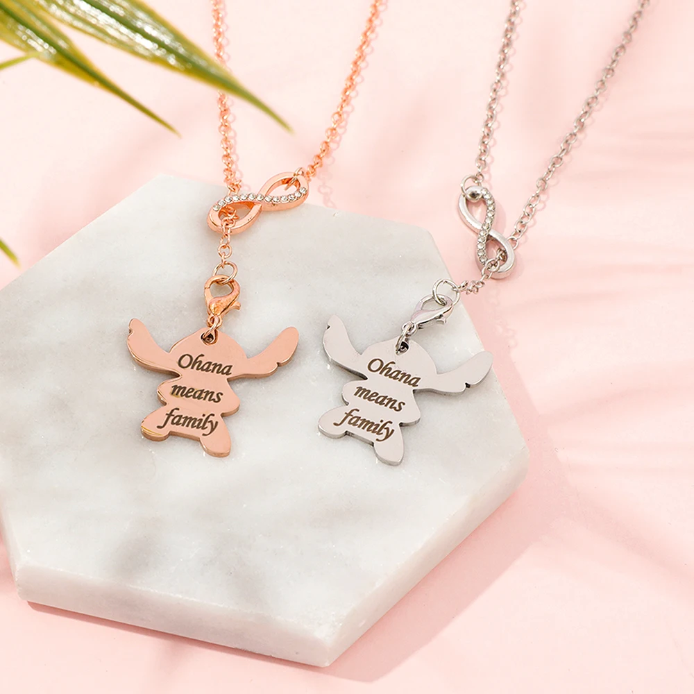 الفولاذ المقاوم للصدأ "Ohana يعني الأسرة" قلادة إنفينيتي قلادة الكرتون غرزة مجوهرات هدية للنساء عشاق هدية الصداقة