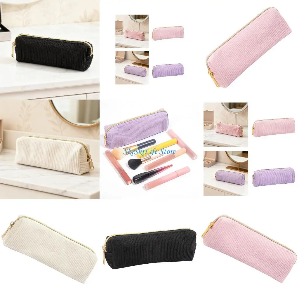 

E65E Multifunctional Pen Bag Zippered Corduroy Pencil Case Large Capacity Pencil Bag