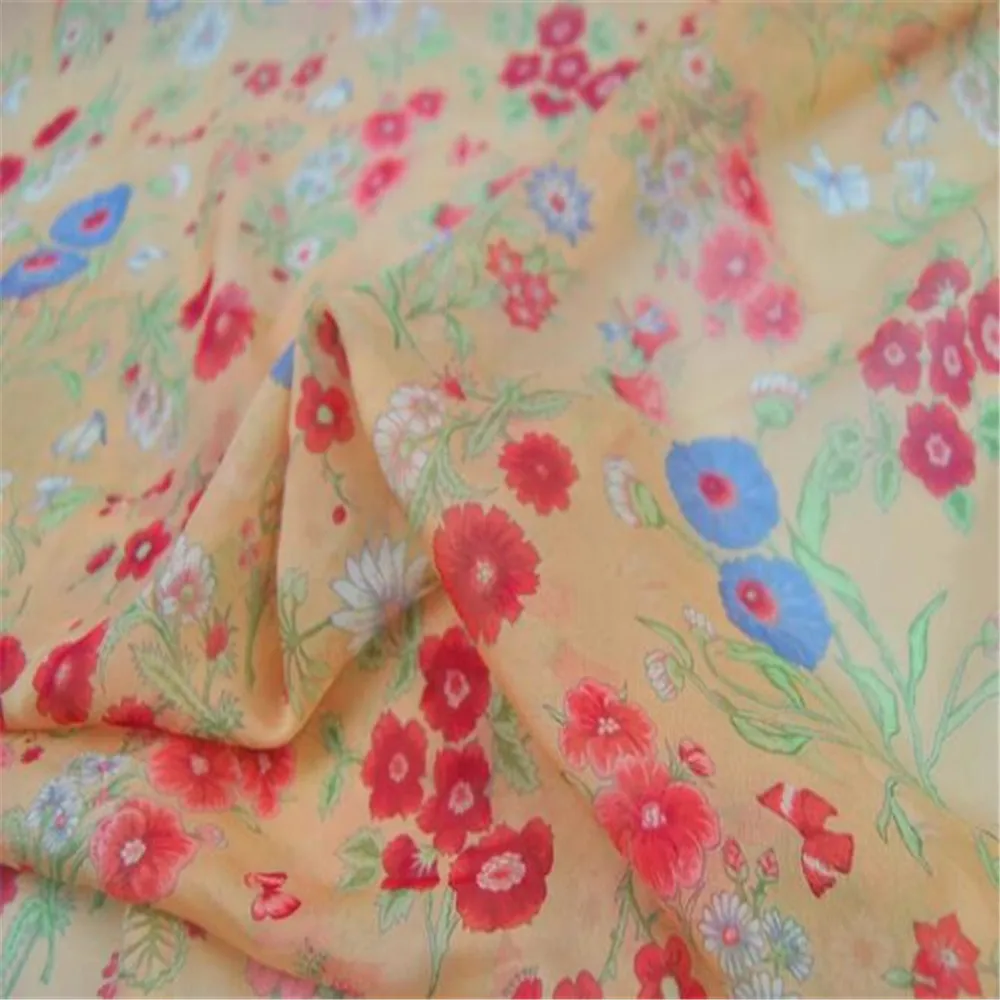 Breathable Flower Printed Beautiful Floral Design Transparent 100% Pure Silk Chiffon Fabric for Dress Fashion