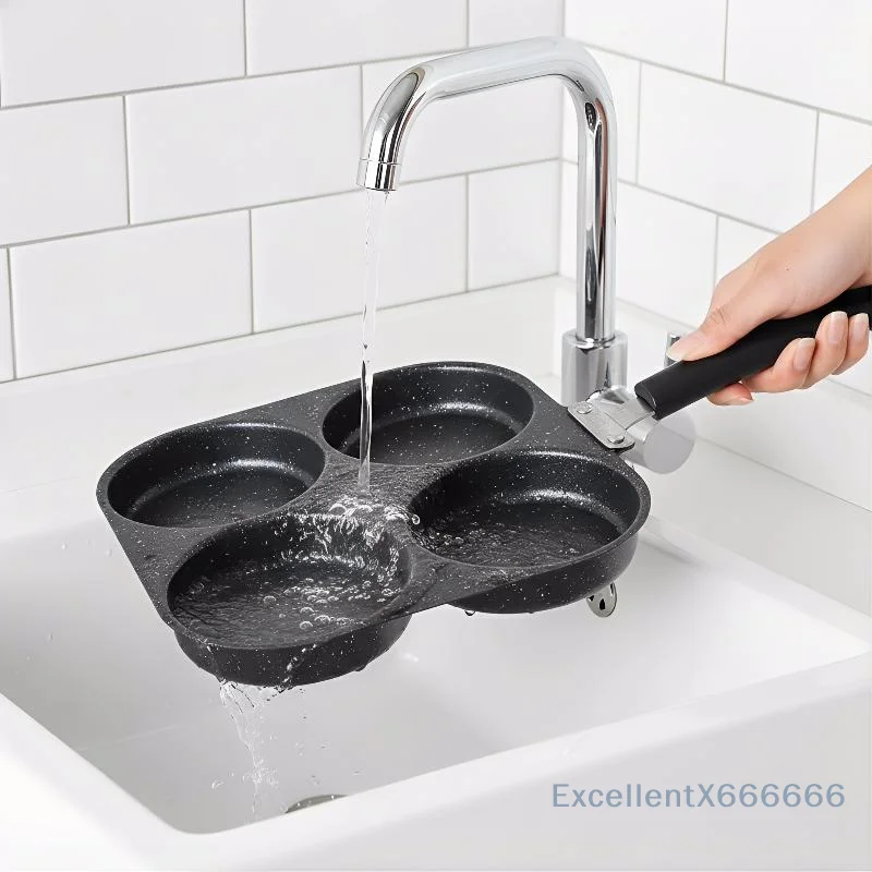 

3 4 Hole Egg Frying Pan Non Stick Coating Skillet Wooden Handle Perfect for Home Breakfast Burger Cooking