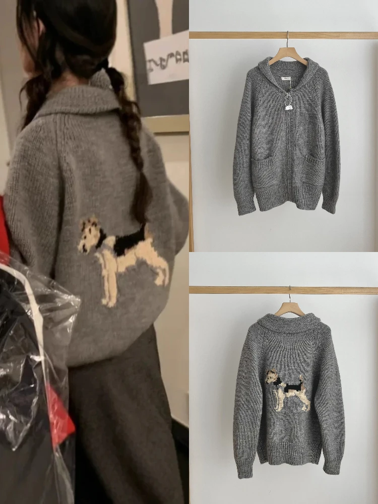 

Sle Zipper Front Knitted Cardigan Women's Loose Fit Long Sve Vintage Look Dog Pattern Hoodie Anti-Aging Sweater