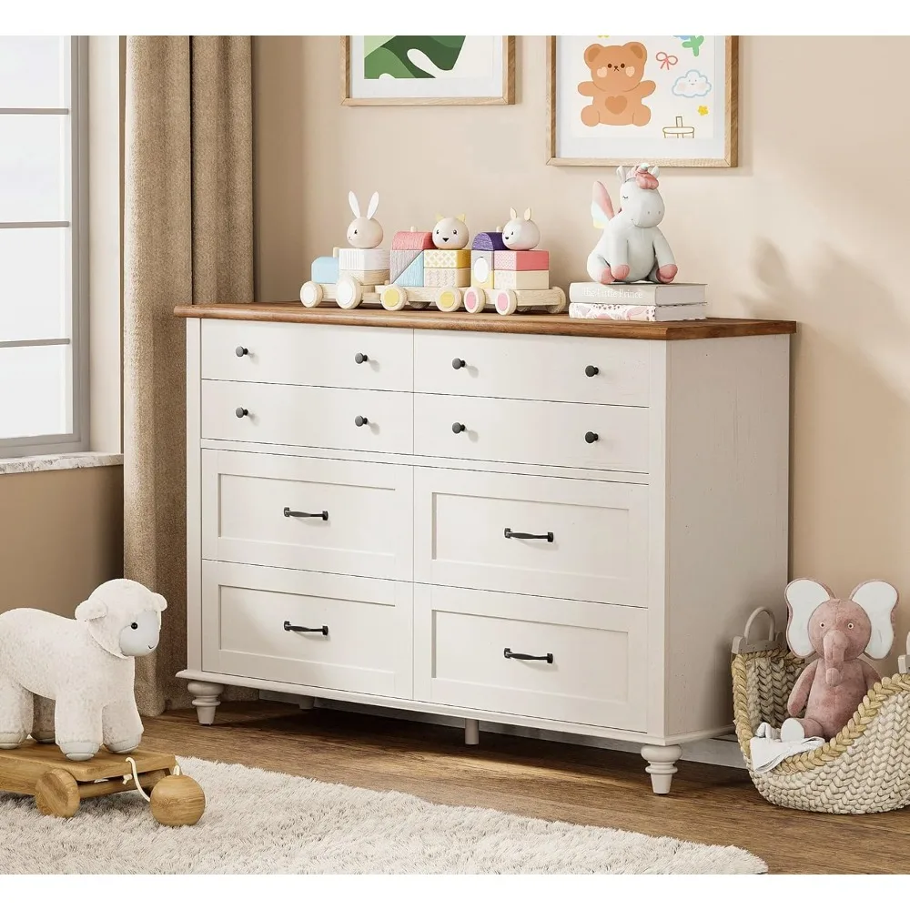 Kids Dresser for Nursery with 8 Drawers, Off White Baby Dresser for Kids Room, Wide Wooden Chests & Dressers for Bedroom