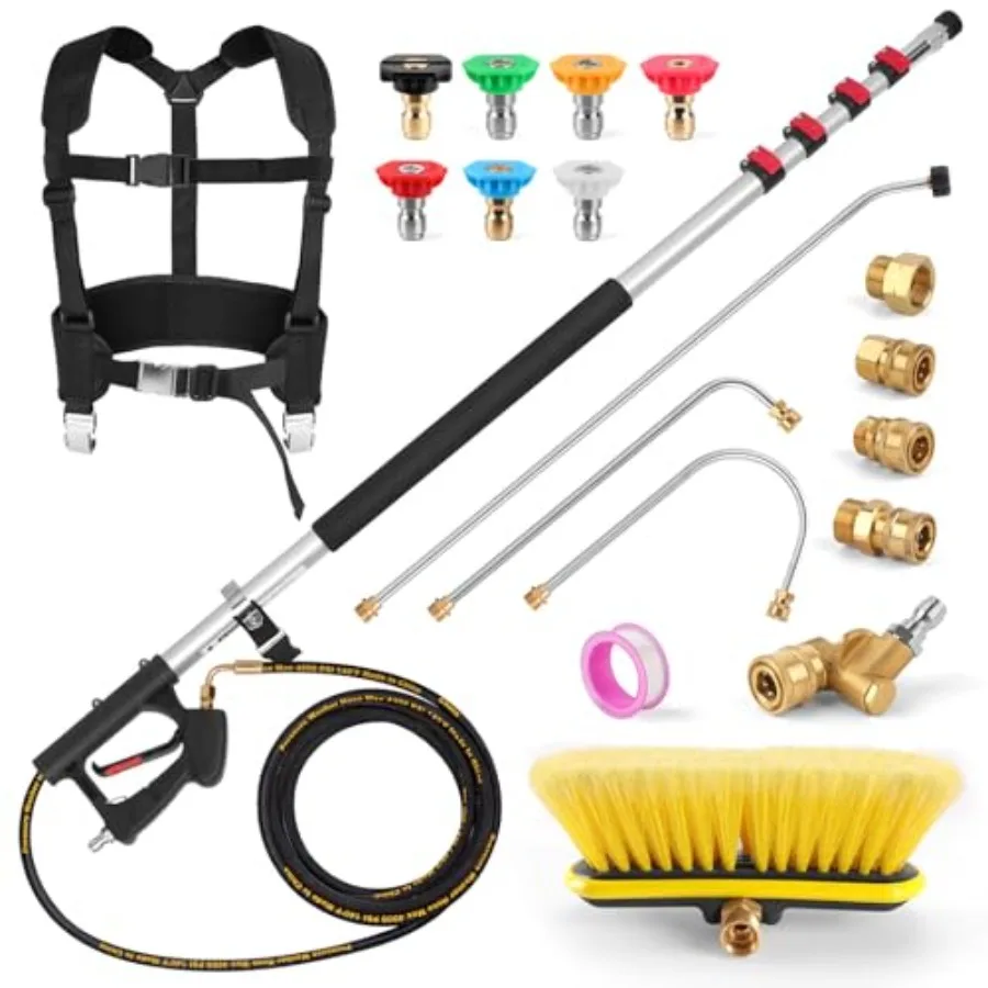 

24FT Telescoping Power Washer Extension Wand with Brush Head for Gutter Cleaning 4 Adapters 7 Spray Nozzles Upgraded Support Be
