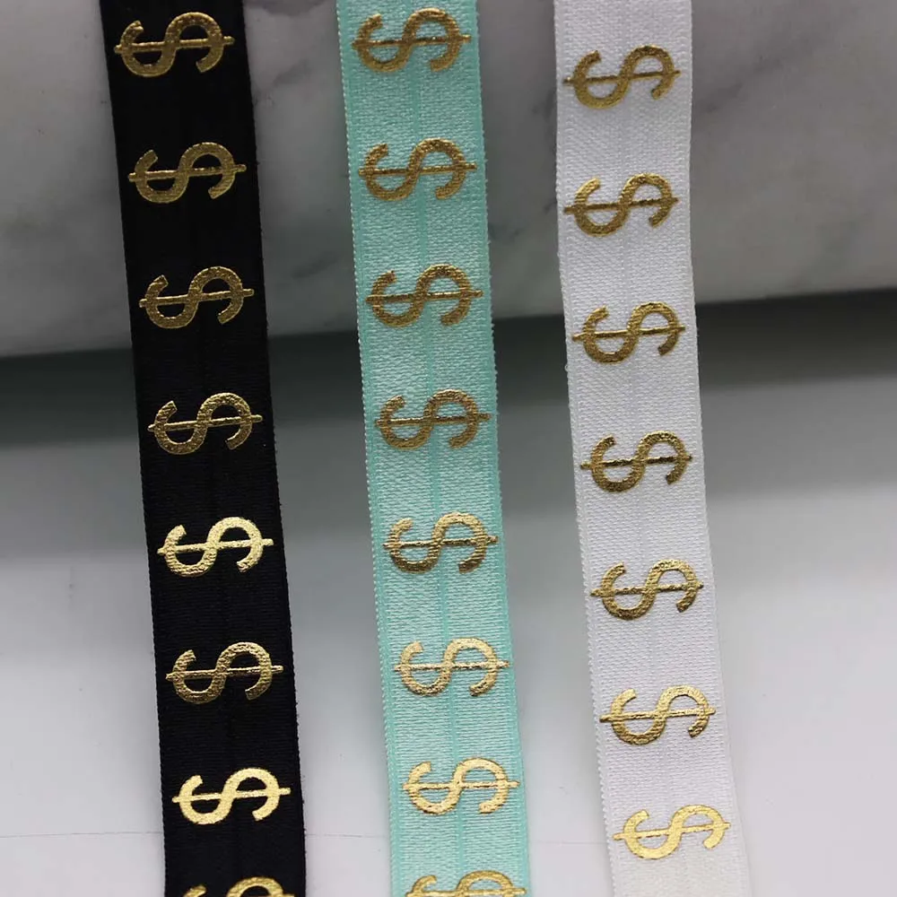 

5/8" 15mm Gold Foil Dollar Sign Printed Fold Over Elastic Band FOE Ribbon For Ponytail Holder Bracelet DIY Sewing Accessories