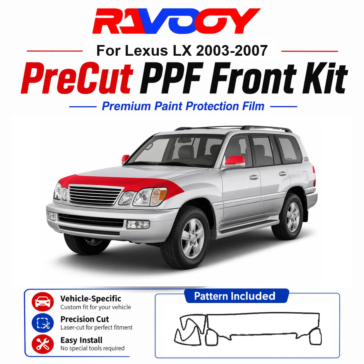 

8.5mil TPU Precut PPF Kit For Lexus LX 2003-2007 - Hood, Partial Fenders & Full Mirror Set - Self-Healing Gloss Clear Bra Film