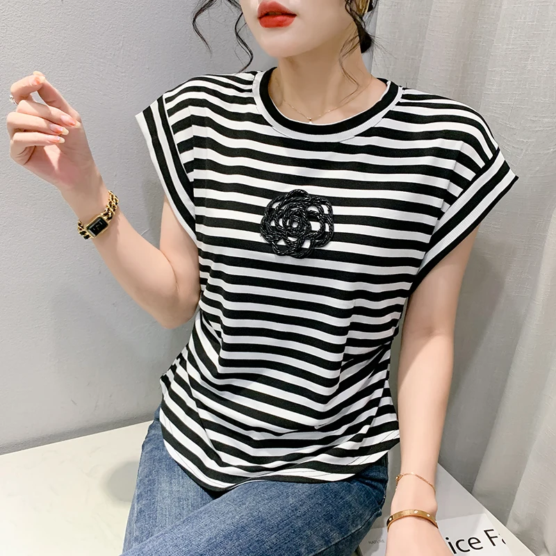 2024 New Arrival Elegant Trend High Quality Embroidered Flares Cotton T-shirt Summer Woman S-3XL Flying Sleeves Loose Luxury