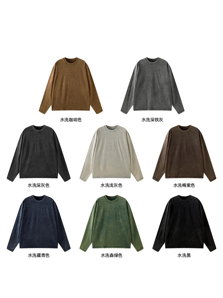 ZODF Retro Autumn Men Washed 300gsm Cotton T-Shirt Vintage Unisex Oversized Long Sleeve O-Neck T Shirt Tees Brand Tops HY0963