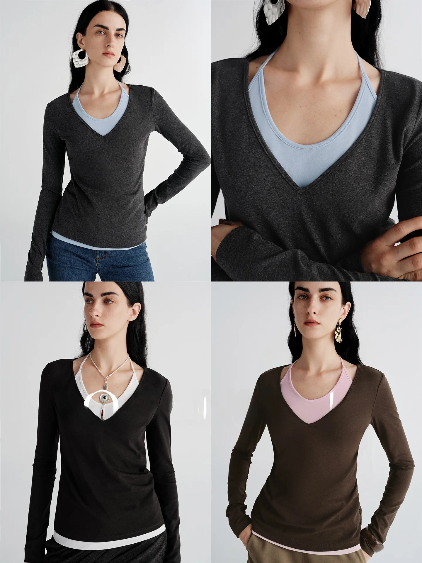 

MIU Sle Fake Two-Piece Long Sve Color Blo Structure irt Women's Casual Cotton T-irt Breathable V-ne Home Office ...