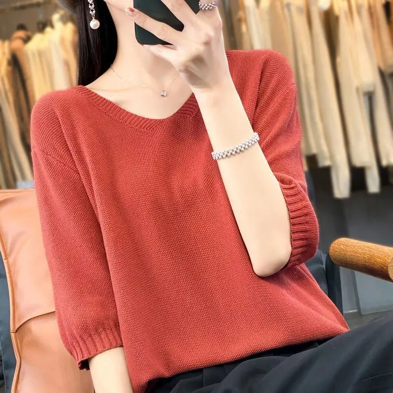 Temperament Fashion Summer New Thin Style Sweaters Women's V-Neck Solid Simplicity Office Lady Loose Half Sleeve Knitting Tops