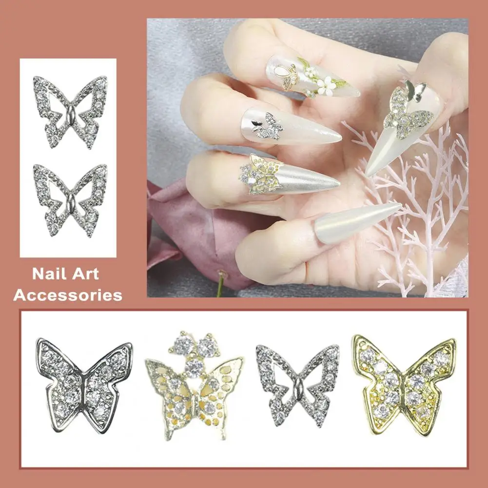 2Pcs Butterfly Alloy Nail Art Jewelry Charm 3D Butterfly Gold/Silver Zircon Diamond DIY Nail Art Decoration Accessories