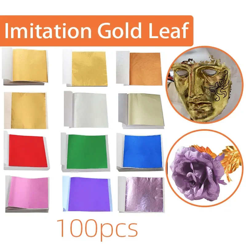 100Pcs Imitation Gold Leaf Sheets Shiny Sliver Copper Foil Papers Gilding DIY Hand Crafts Decor Art Lines Wall Paints Colorful