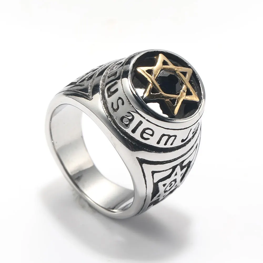New Trendy Ouroboros Hexagram Rings Black Fashion Men\'s Rings with rhinestone Religious Accessories Hip Hop Punk Jewelry Party