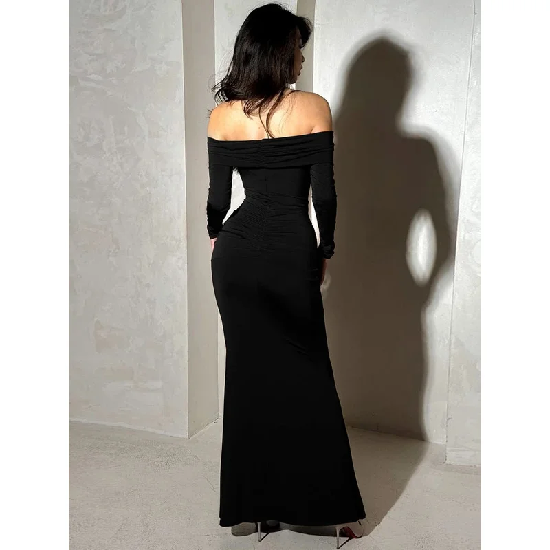 Sukienka maxi z dekoltem typu slash, długim rękawem, marszczeniami i bandażami, seksowna, elegancka, na jesień i zimę, damska, na wieczorne przyjęcie, na Nowy Rok.