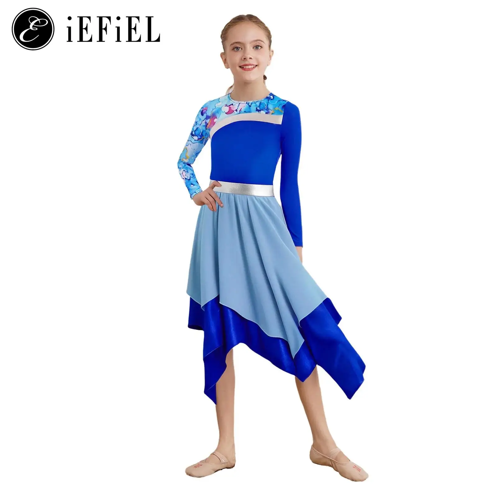 

Kids Girls Liturgical Worship Praise Dance Dress Long Sleeve Printed Patchwork Irregular Hem Ballet Lyrical Dance Tunic Costume