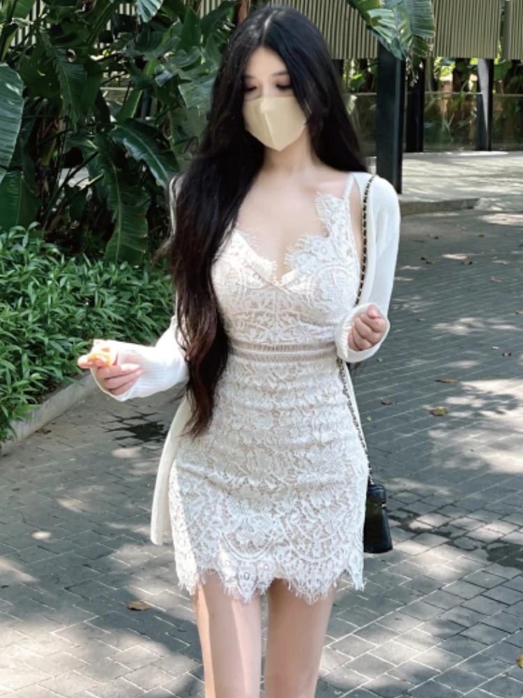 Lace Vintage Elegant Two Piece Set Women Hollow Out Retro Sweet Mini Dress Set Female Korean Fashion Sexy Strap Dress Suit 2023