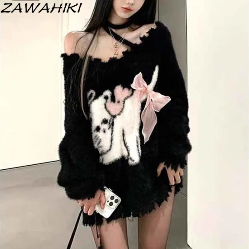 ZAWAHIKI Chic Designed Warm Loose Casual Y2K Aesthetic Cartoon Print Sweater Women Fall Winter Knitted Off Shoulder Pullovers