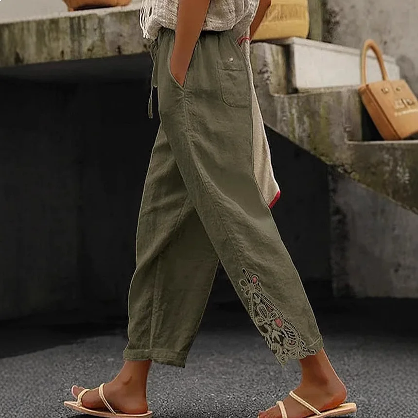 Elegant Lace Trim Joggers Pants High Waist Drawstring Pocket Casual Trousers Spring Summer Matching Set