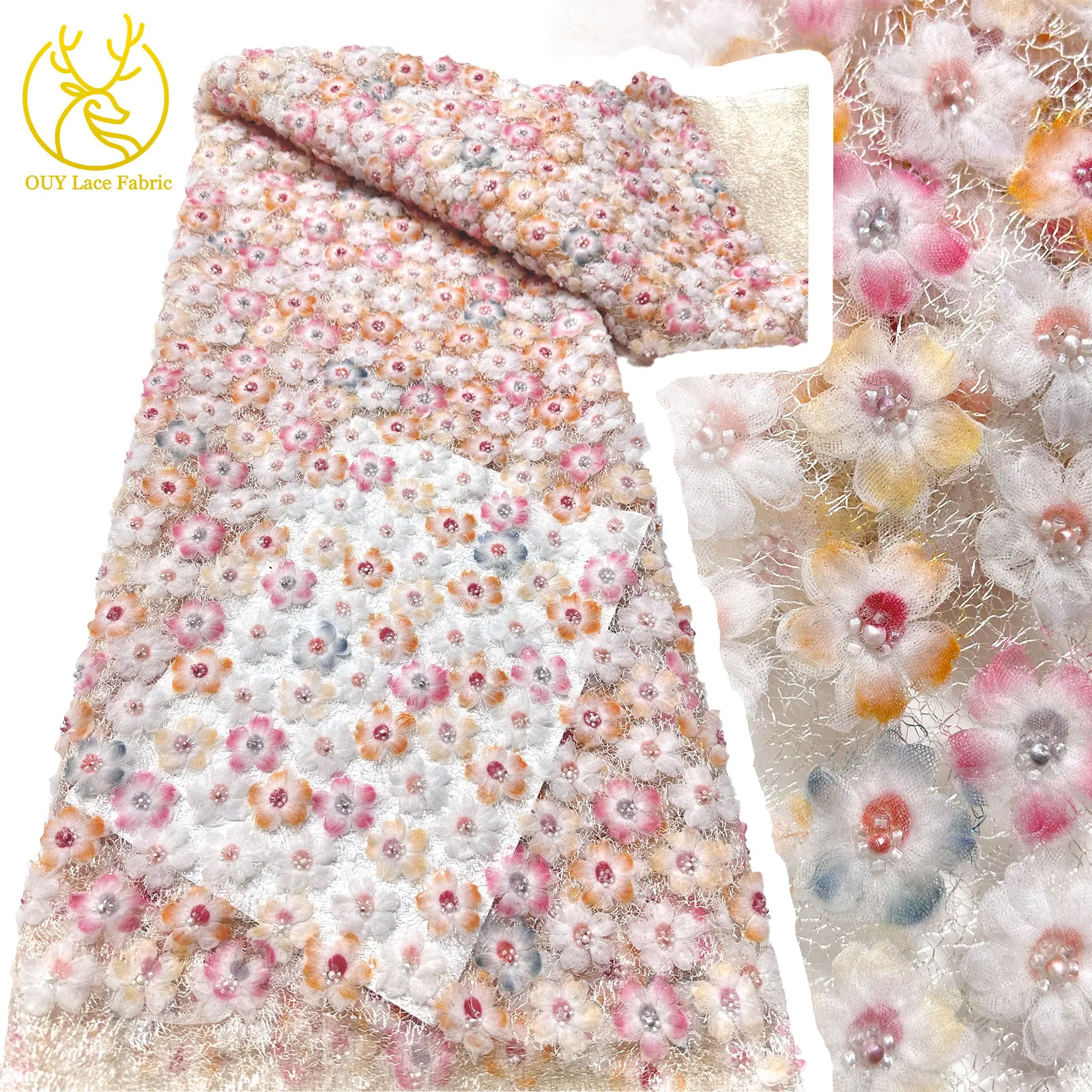 

3D Applique African Lace Fabric 2026 Elegant French Nigerian Beaded Sequins Tulle Mesh Lace Top for Bridal Wedding Dress Fabrics