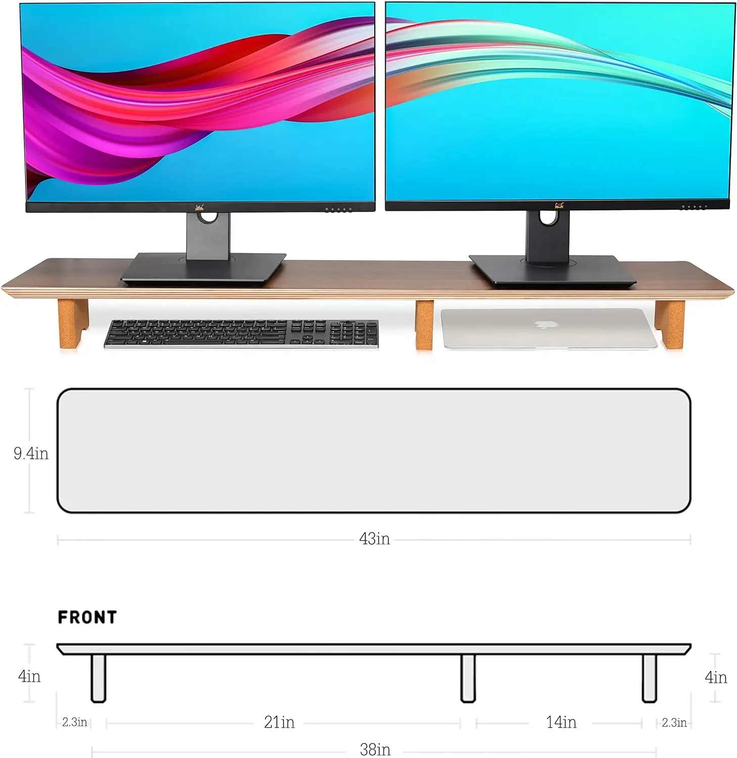 Large Dual Monitor Stand Riser,Solid Wood Desk Shelf,Eco Cork Legs for Laptop Computer,Underneath Storage for Office Accessories