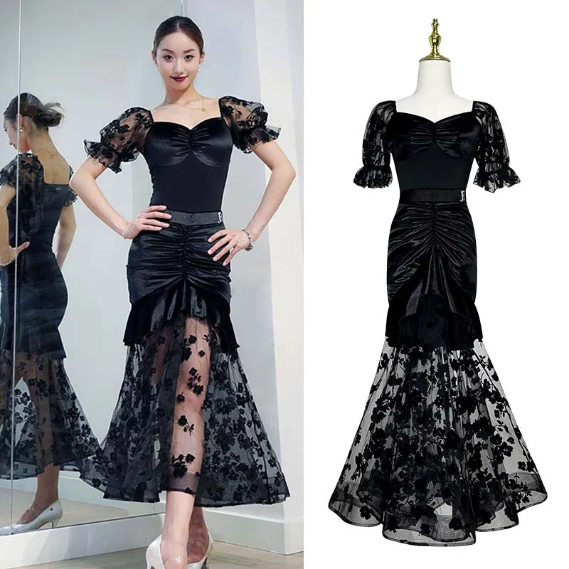 

Black Ballroom Dance Costume Women Standard Tango Performance Dress Modern Dancing Clothing Lace Skirt Practice Clothes 1493/4