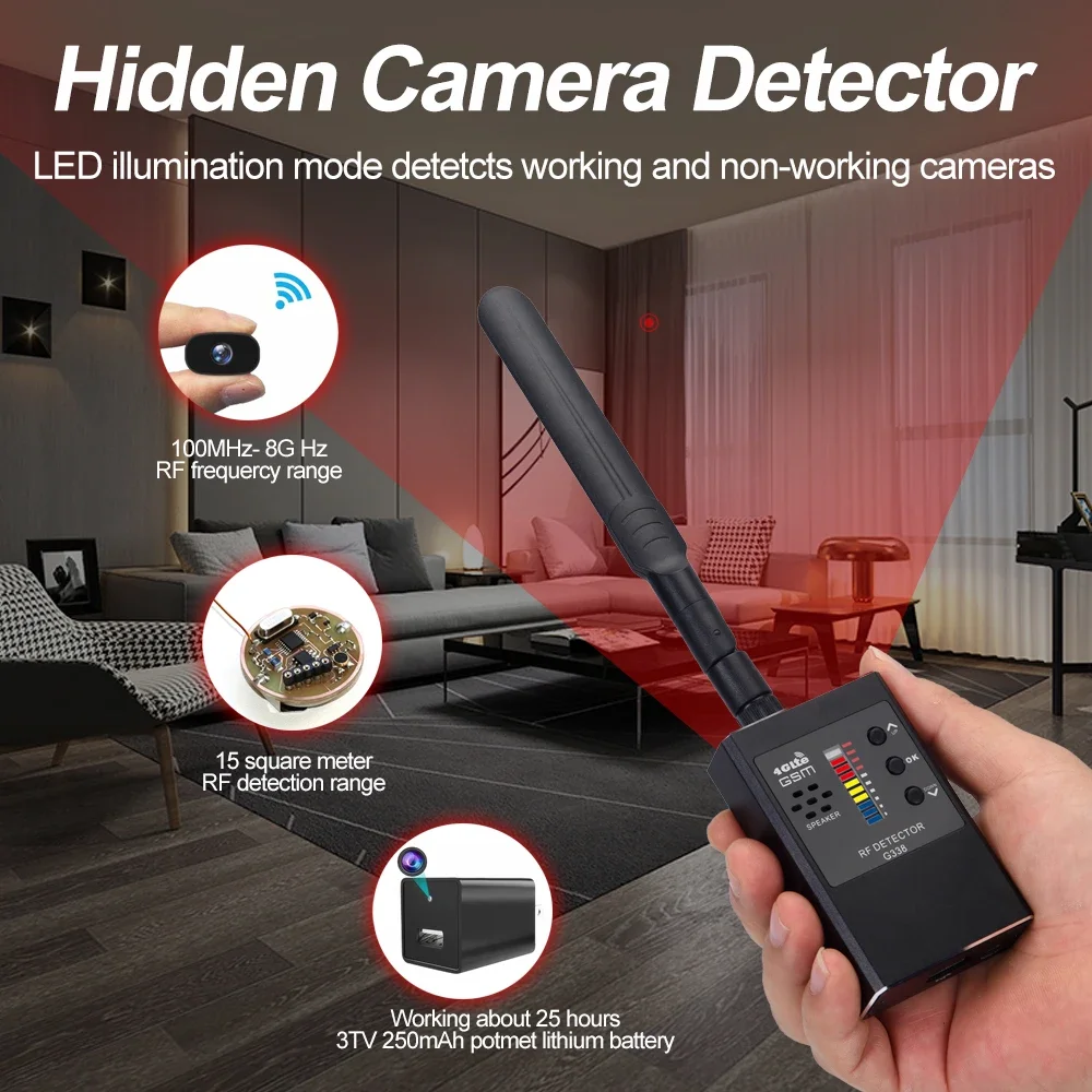 G338 Anti Spy Anti Candid Cameras Detector Bug Mini GSM Wireless RF Signal Automatic Detects GPS Locator Tracker Finder Scanner