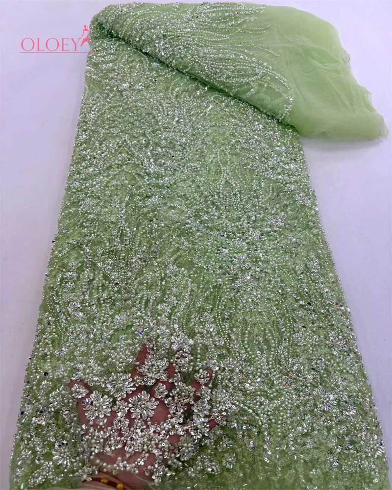 

OLOEY Luxury African Nigerian Groom Sequin Beaded Lace Fabric French Gold Mesh Lace Fabric for Party Wedding Dress SewingLu