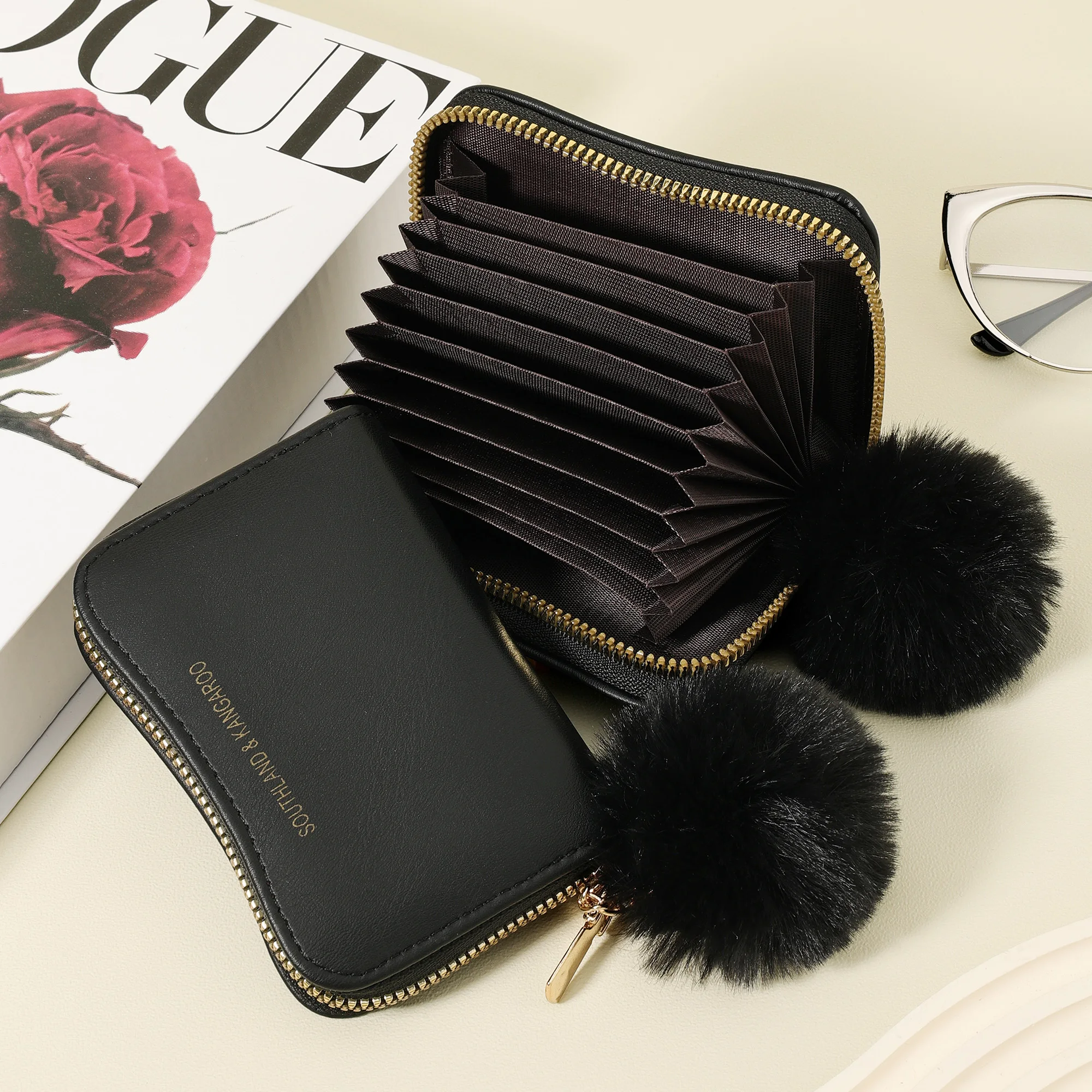 Fashionable high-quality credit card storage bag, easy to carry, multi slot coin wallet zipper, featuring a Stylish Pom pom Acce
