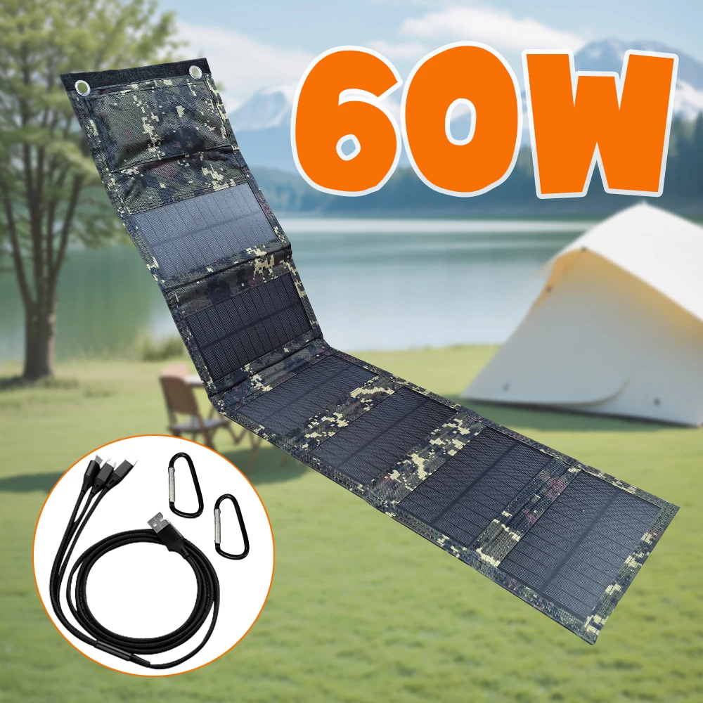 Chargeur de panneau solaire portable en polysilicium, USB 60W 5V DC, panneau solaire pliable pour la charge de téléphone, batterie externe pour la randonnée et le camping